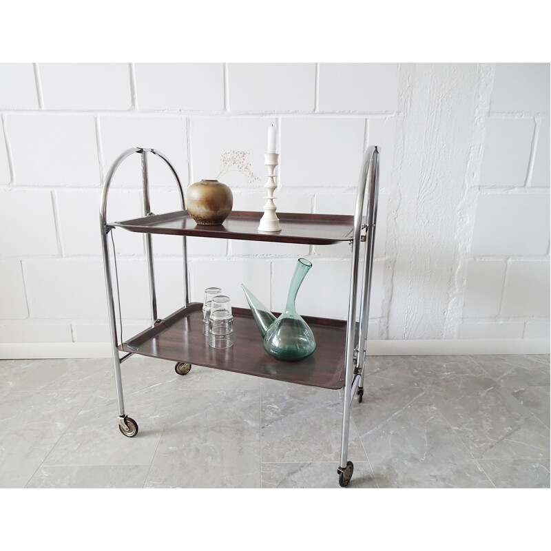 Vintage foldable serving trolley in rosewood look with chrome frame, 1970s