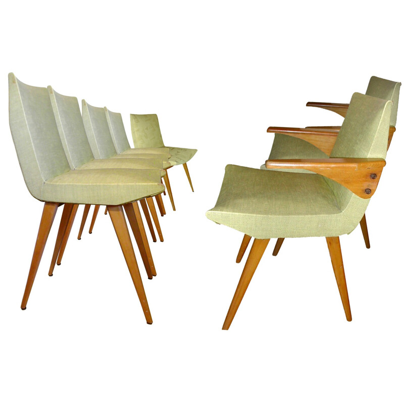 Suite de 5 chaises et 2 fauteuils en tissu et bois - 1950