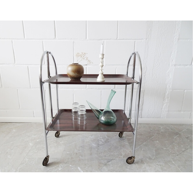 Vintage foldable serving trolley in rosewood look with chrome frame, 1970s