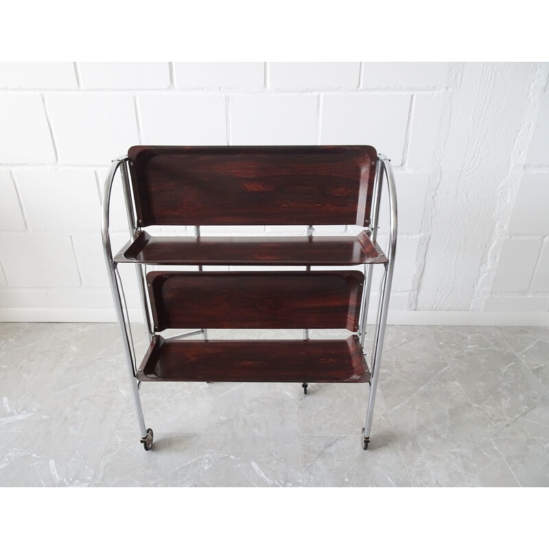 Vintage foldable serving trolley in rosewood look with chrome frame, 1970s