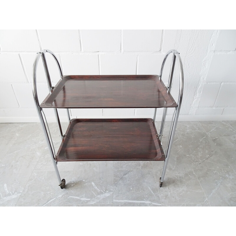 Vintage foldable serving trolley in rosewood look with chrome frame, 1970s