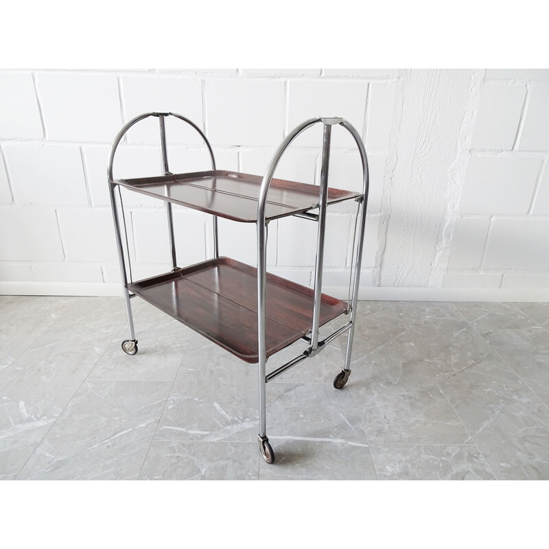 Vintage foldable serving trolley in rosewood look with chrome frame, 1970s