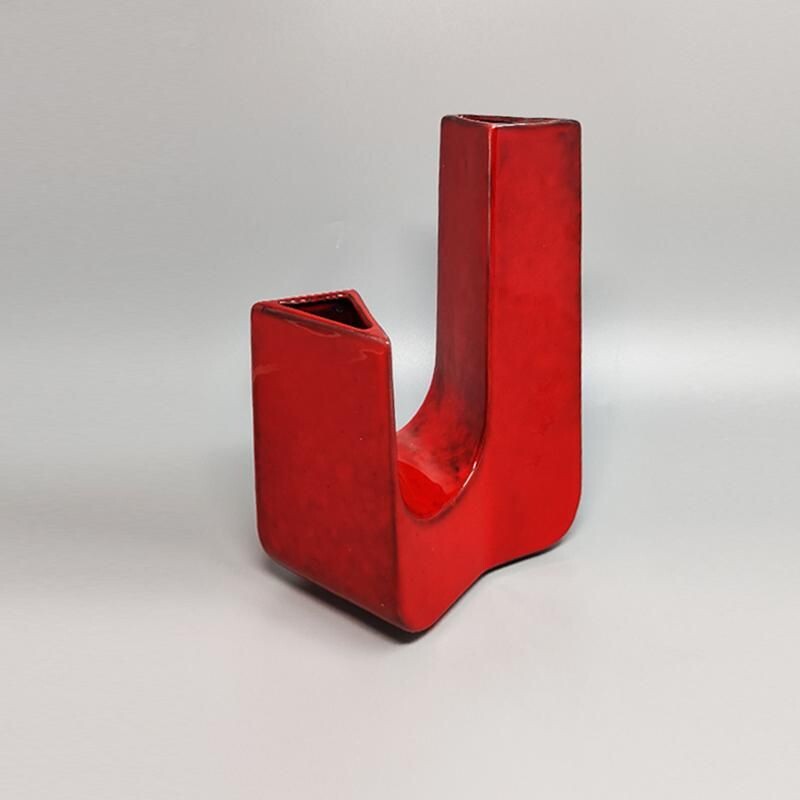 Vintage red vase in ceramic by Pietro Arosio for Parravicini, Italy 1970s