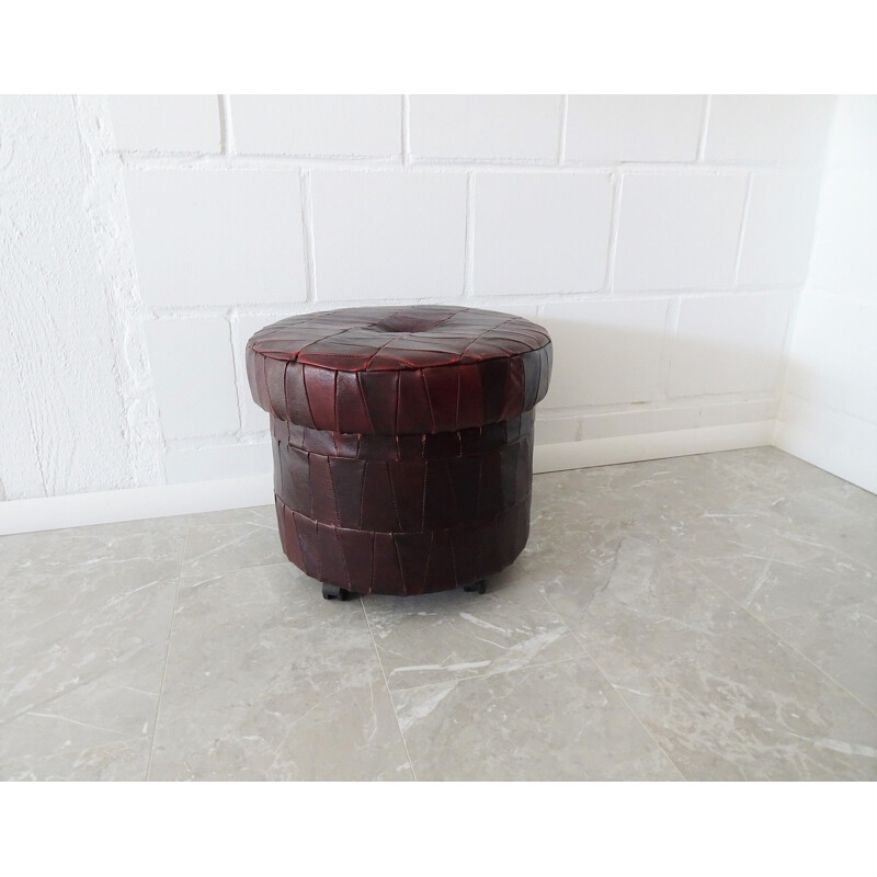 Red vintage patchwork leather stool on castors with storage compartment, 1980s