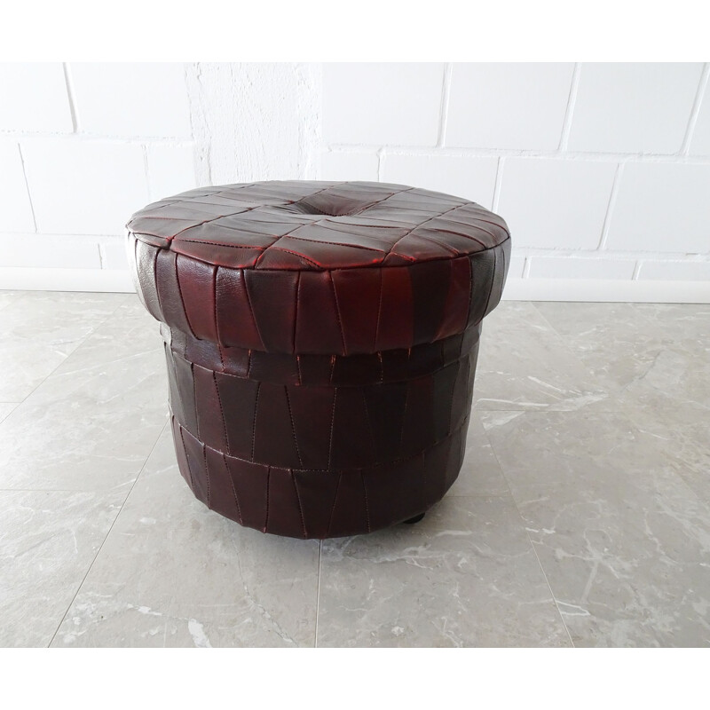 Red vintage patchwork leather stool on castors with storage compartment, 1980s