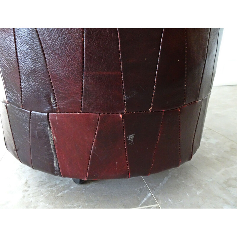Red vintage patchwork leather stool on castors with storage compartment, 1980s