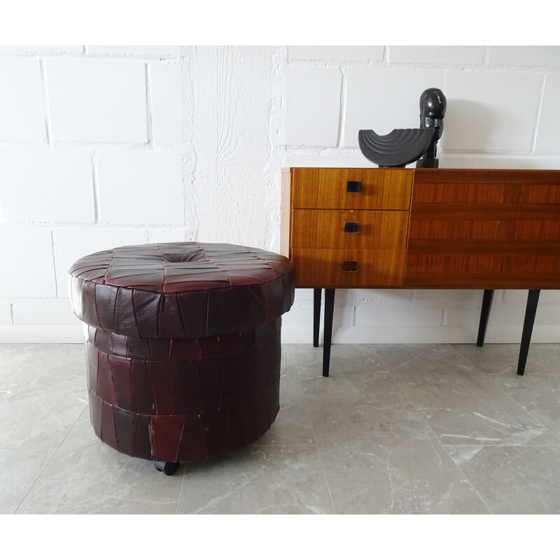 Red vintage patchwork leather stool on castors with storage compartment, 1980s