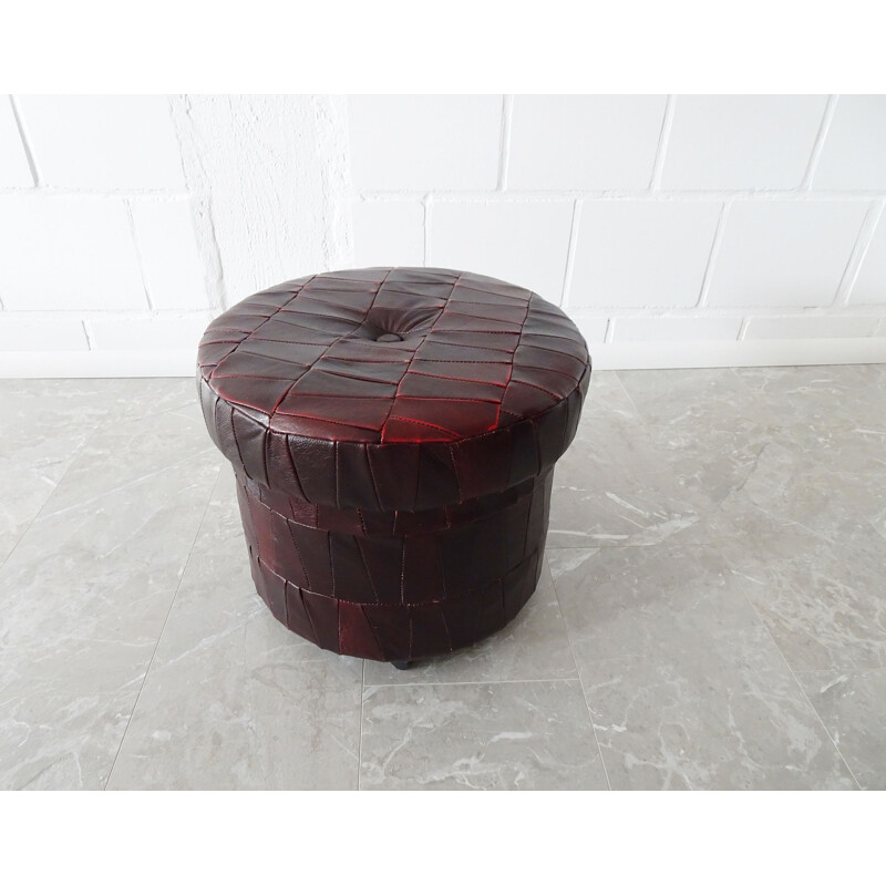 Red vintage patchwork leather stool on castors with storage compartment, 1980s