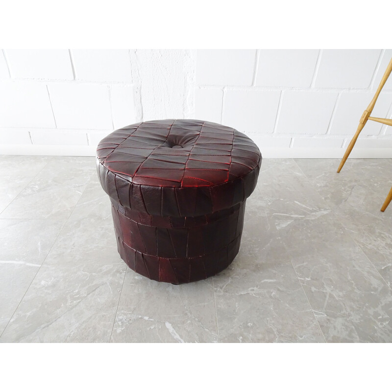 Red vintage patchwork leather stool on castors with storage compartment, 1980s