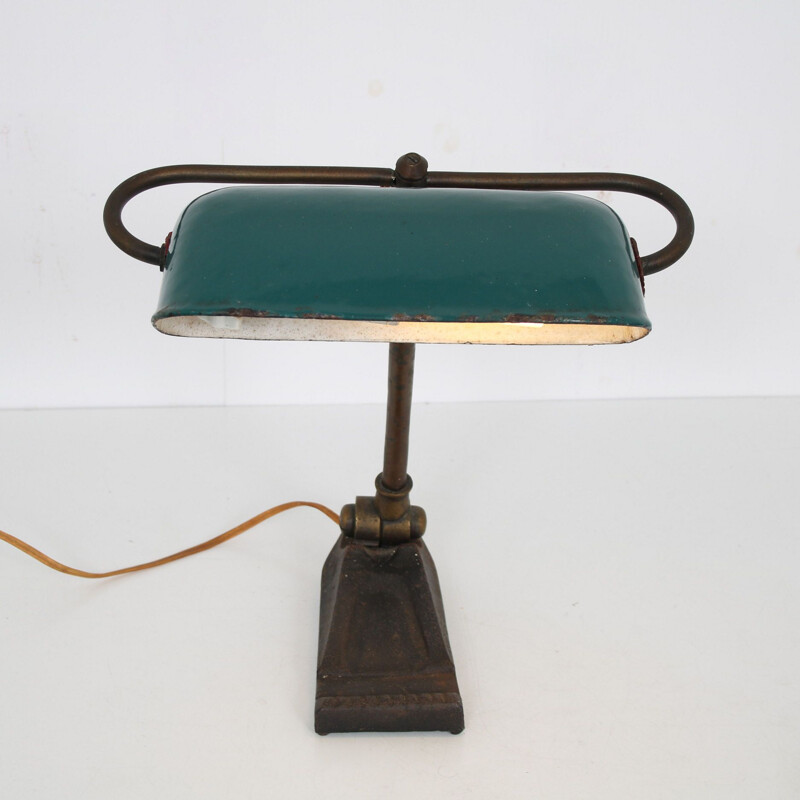 Lámpara de escritorio vintage con cubierta de metal esmaltado, 1930