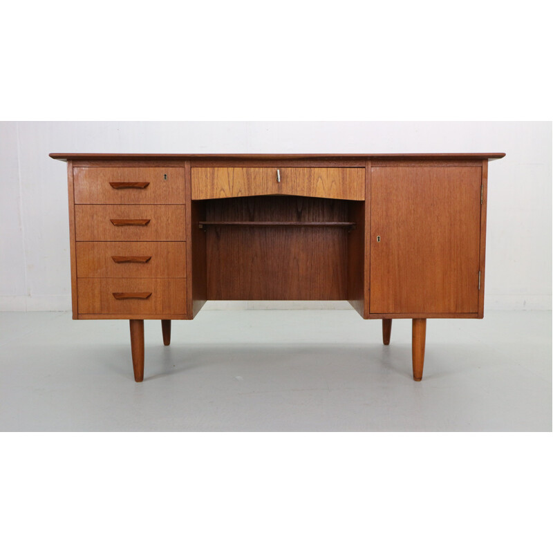 Scandinavian vintage teak desk with backside book shelving, Denmark 1960