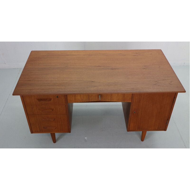 Scandinavian vintage teak desk with backside book shelving, Denmark 1960