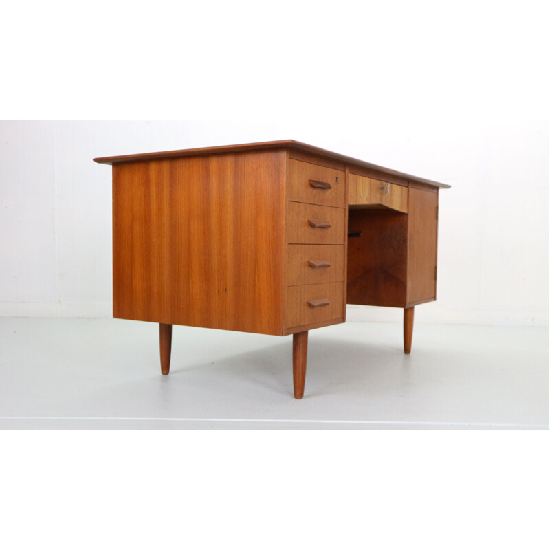 Scandinavian vintage teak desk with backside book shelving, Denmark 1960