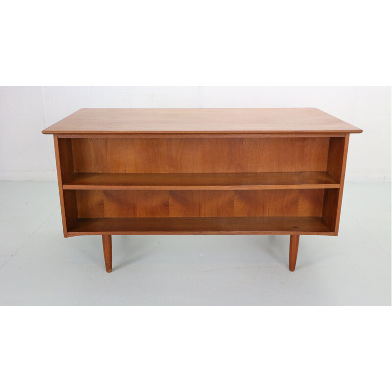 Scandinavian vintage teak desk with backside book shelving, Denmark 1960