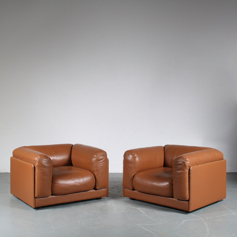 Pair of vintage cognac leather heavy armchairs, Italy 1970s