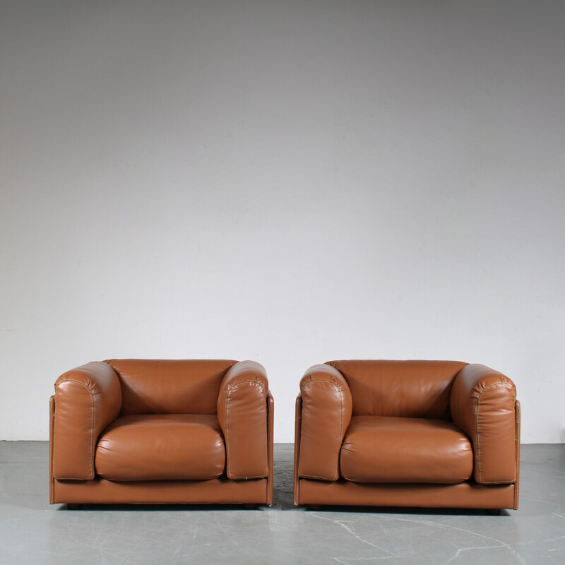 Pair of vintage cognac leather heavy armchairs, Italy 1970s