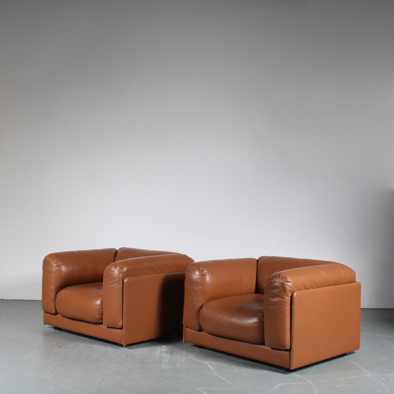 Pair of vintage cognac leather heavy armchairs, Italy 1970s