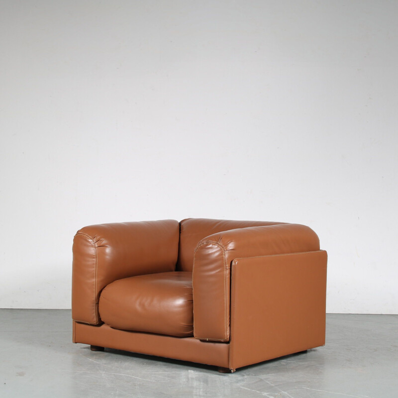 Pair of vintage cognac leather heavy armchairs, Italy 1970s