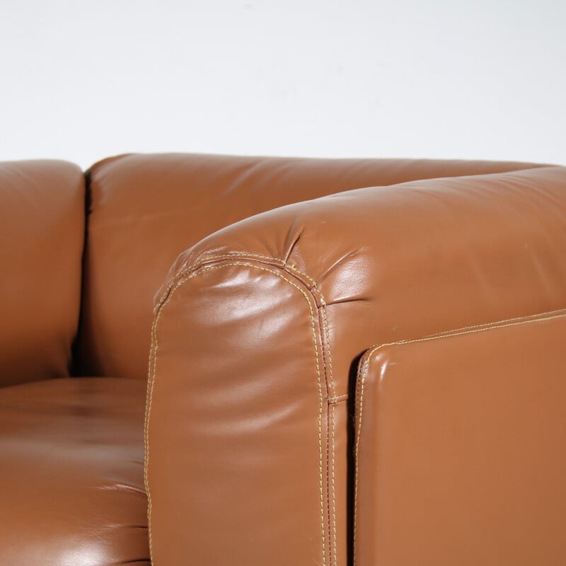 Pair of vintage cognac leather heavy armchairs, Italy 1970s