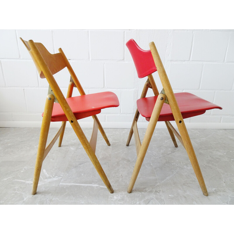 Pair of vintage red folding chairs by Egon Eiermann for Wiede, 1952