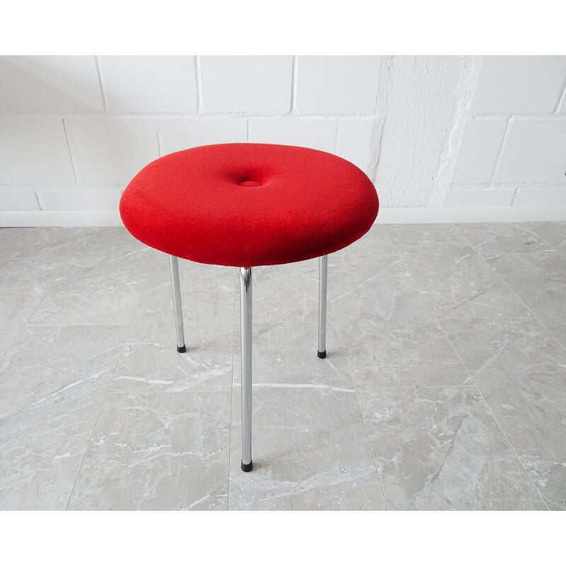 Vintage three-legged stool with chromed frame and red velvet cover, 1960s