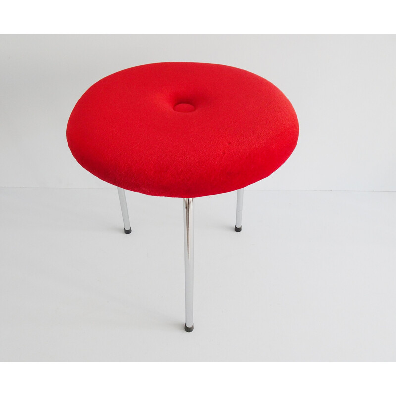 Vintage three-legged stool with chromed frame and red velvet cover, 1960s