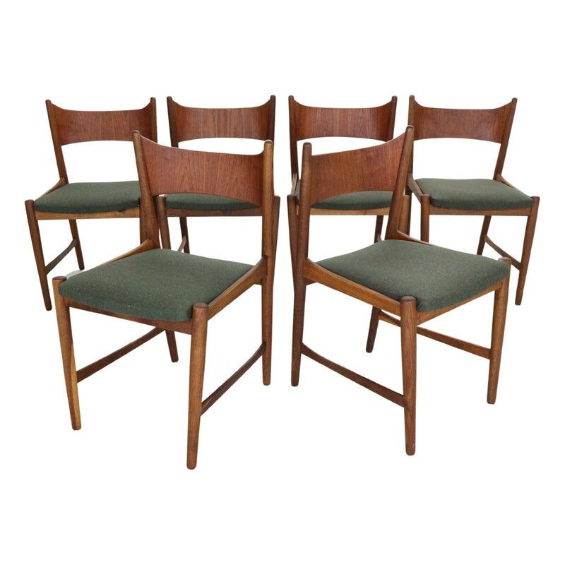 Ensemble de 6 chaises scandinaves vintage en teck et laine verte, Danemark 1960