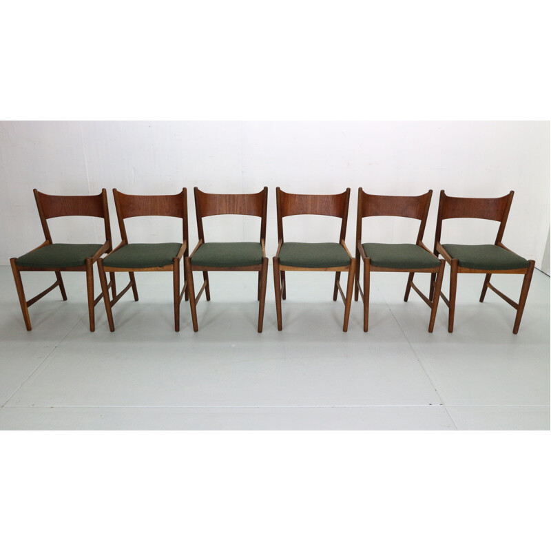 Ensemble de 6 chaises scandinaves vintage en teck et laine verte, Danemark 1960
