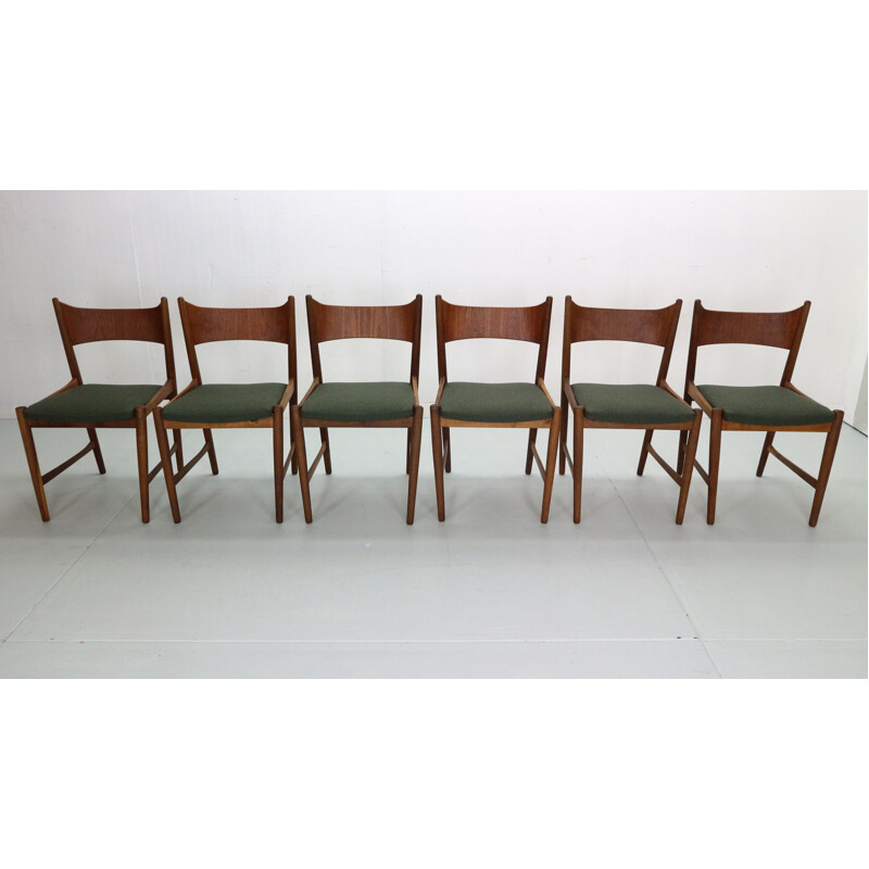 Set of 6 Scandinavian vintage dinning chairs in teak & green wool, Denmark 1960s