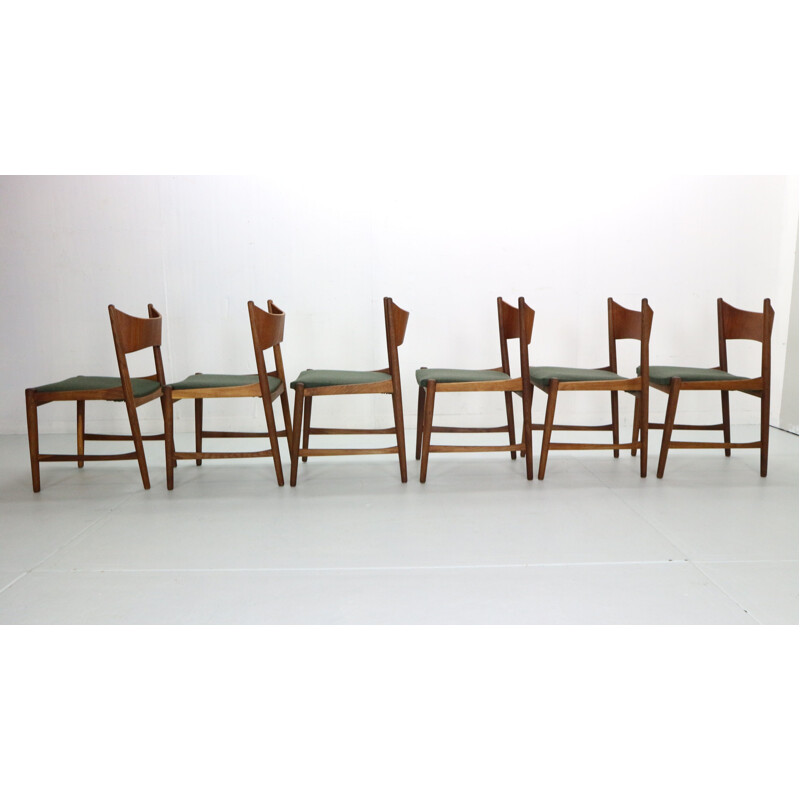 Set of 6 Scandinavian vintage dinning chairs in teak & green wool, Denmark 1960s