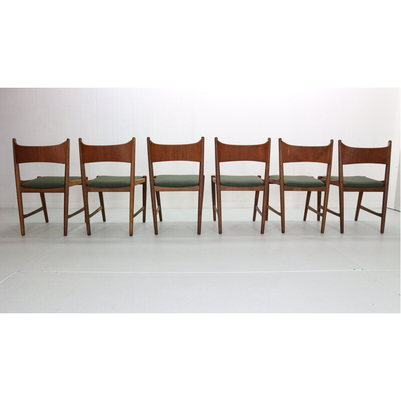 Ensemble de 6 chaises scandinaves vintage en teck et laine verte, Danemark 1960