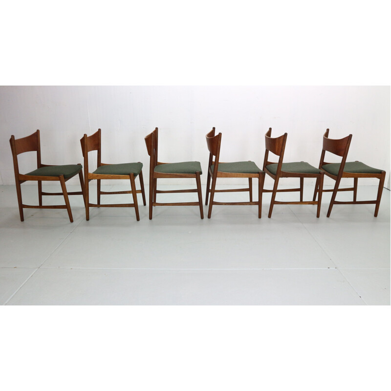 Set of 6 Scandinavian vintage dinning chairs in teak & green wool, Denmark 1960s