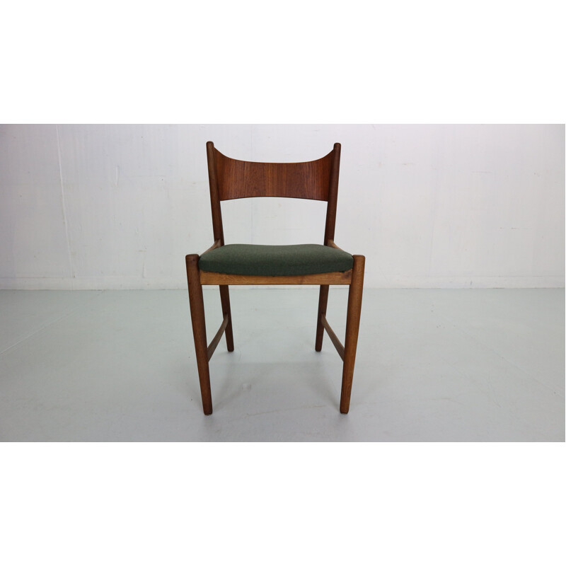 Set of 6 Scandinavian vintage dinning chairs in teak & green wool, Denmark 1960s