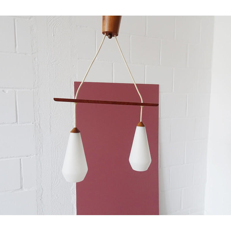 Suspension scandinave vintage en teck avec verre opale, 1960