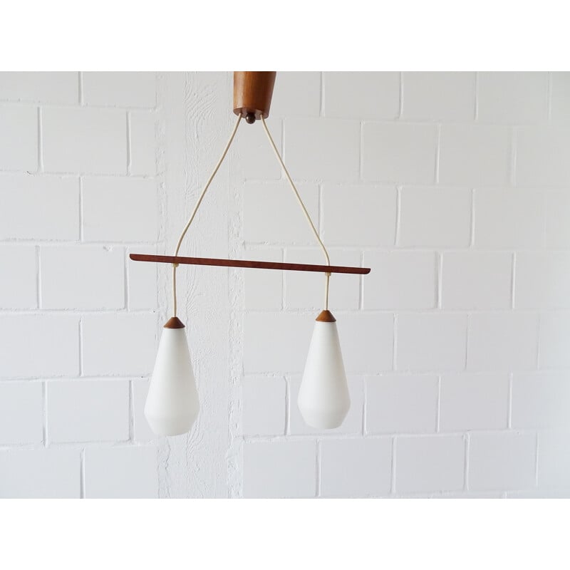 Scandinavian vintage teak pendant lamp with opal glass, 1960s