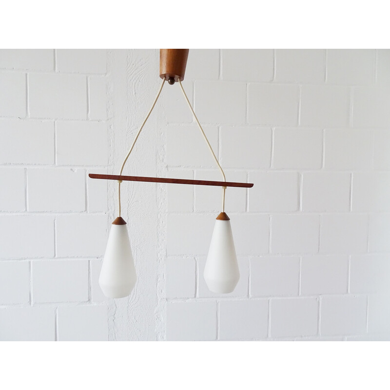 Suspension scandinave vintage en teck avec verre opale, 1960