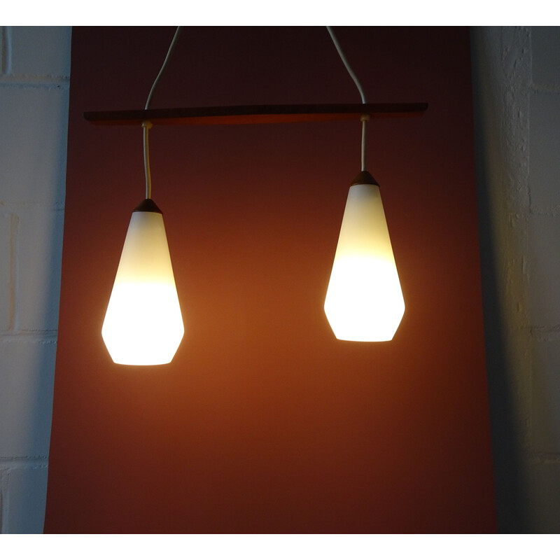 Scandinavian vintage teak pendant lamp with opal glass, 1960s