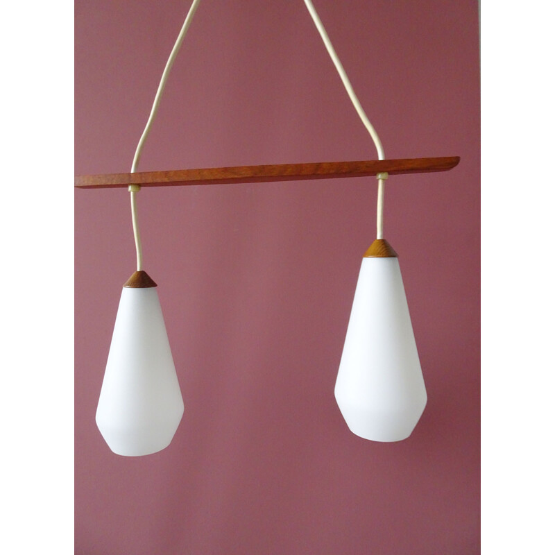 Scandinavian vintage teak pendant lamp with opal glass, 1960s