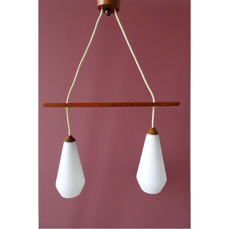 Scandinavische vintage teakhouten hanglamp met opaal glas, 1960