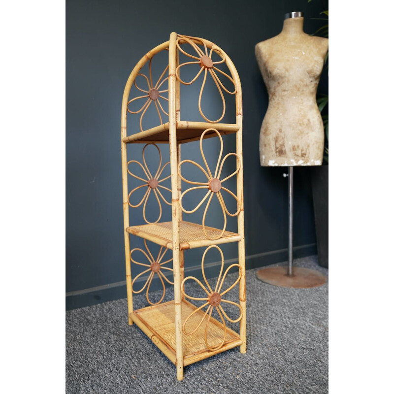 Pair of vintage bamboo shelves with floral pattern, 1970