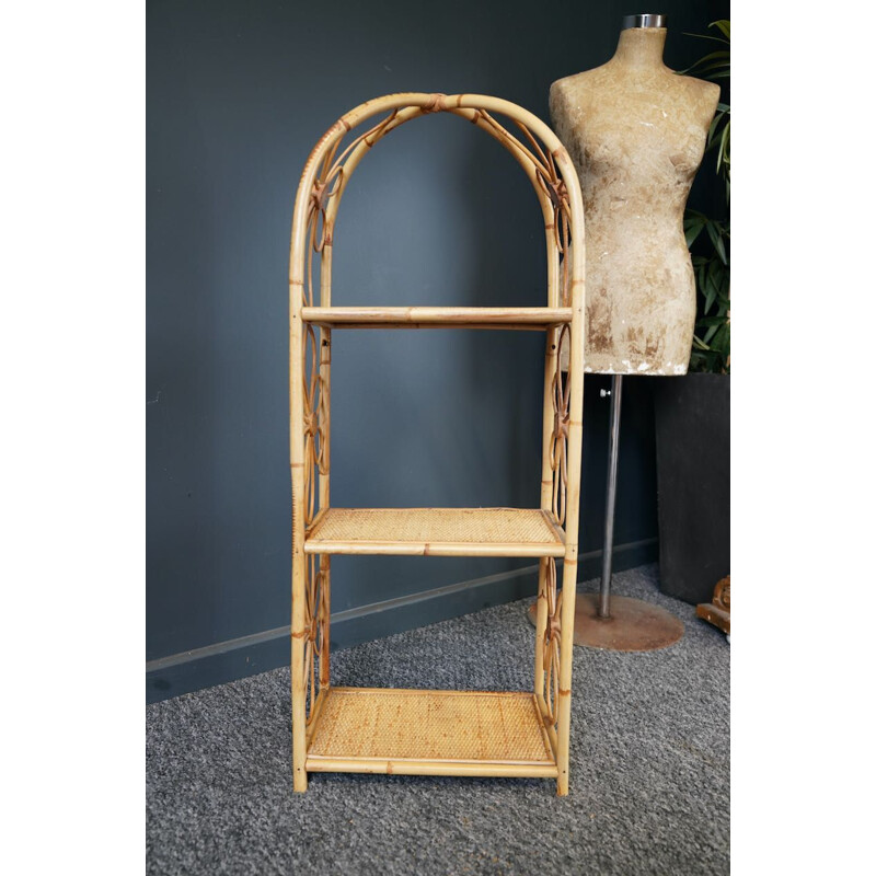 Pair of vintage bamboo shelves with floral pattern, 1970