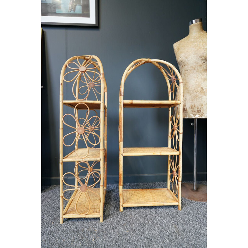 Pair of vintage bamboo shelves with floral pattern, 1970