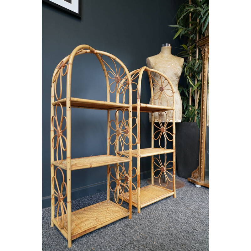 Pair of vintage bamboo shelves with floral pattern, 1970