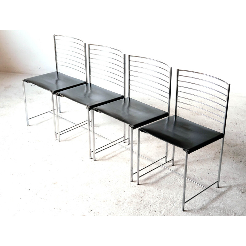 Conjunto de 4 cadeiras vintage em cromo e couro por Cidue, Itália 1970