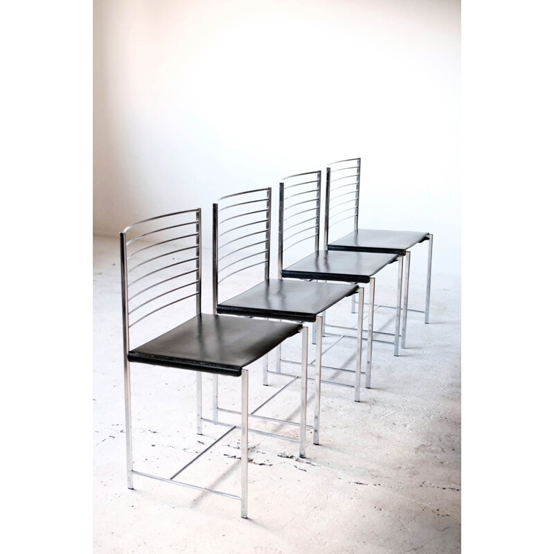 Ensemble de 4 chaises vintage en chrome et cuir par Cidue, Italie 1970