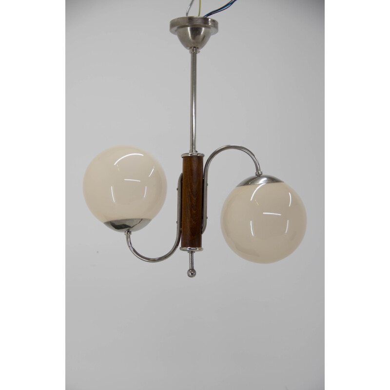 Vintage 2-flame chrome and wood chandelier by Jindrich Halabala, 1930