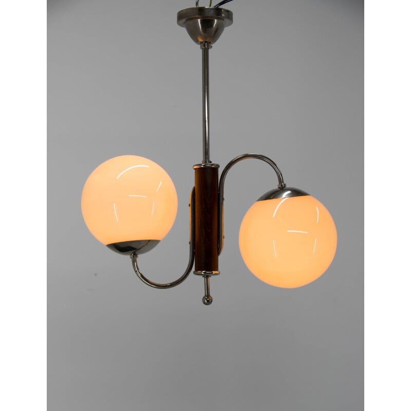 Vintage 2-flame chrome and wood chandelier by Jindrich Halabala, 1930