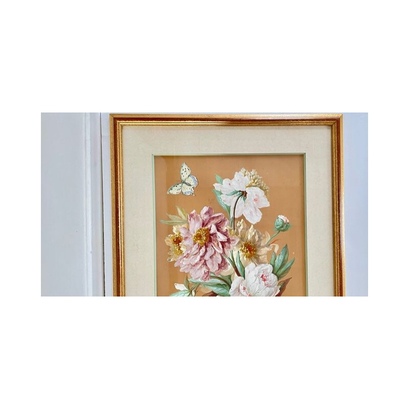 Vintage painting of peony bouquet with butterflies