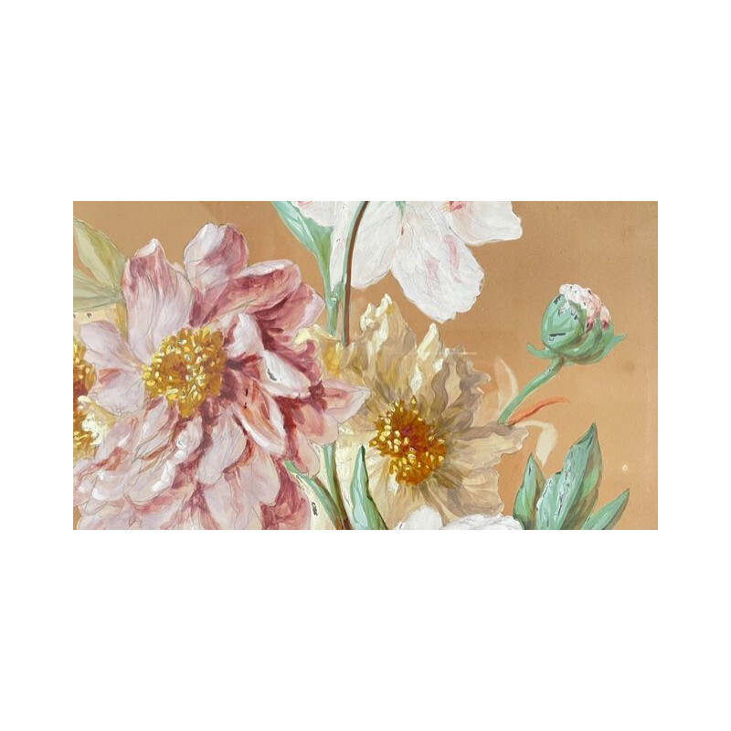 Vintage painting of peony bouquet with butterflies