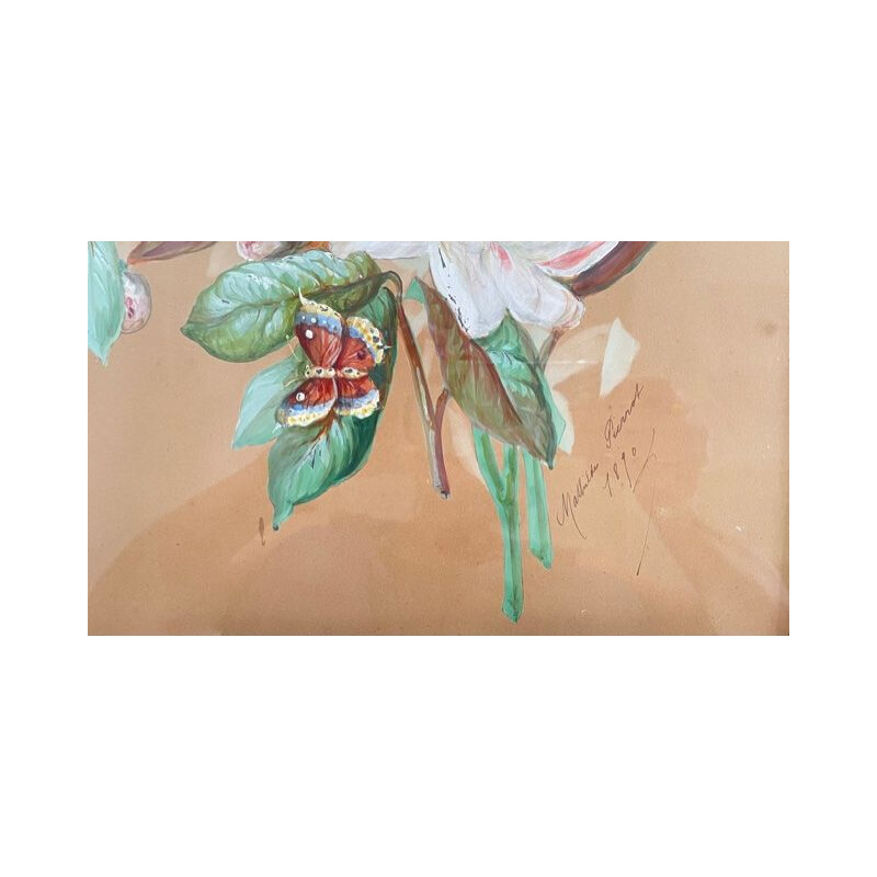 Peinture vintage de bouquet de pivoines aux papillons